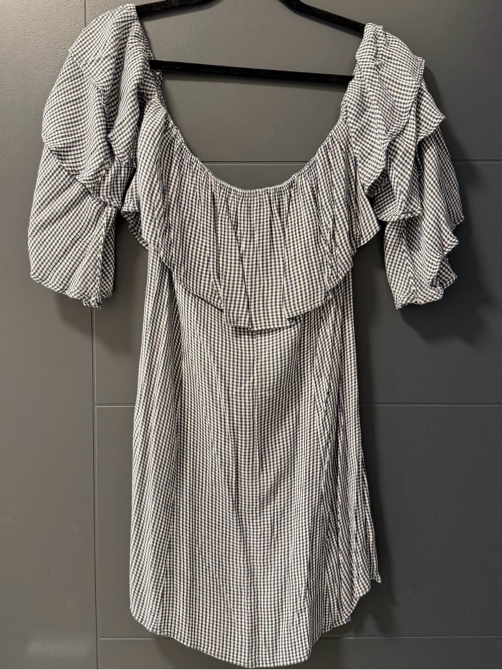 American Eagle Navy and White Gingham Ruffle Off-Shoulder Mini Dress